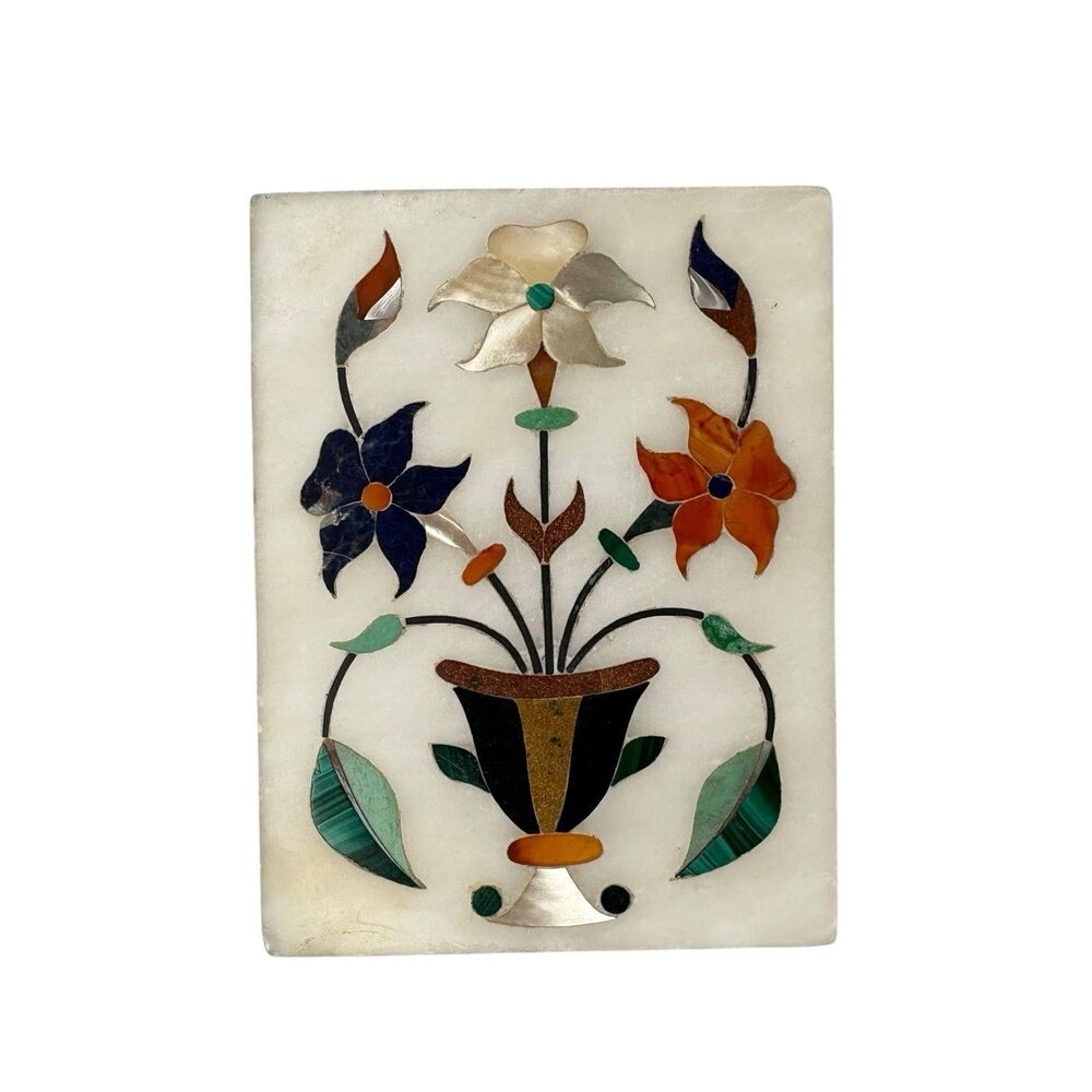 Vintage Handcrafted Stone Inlay Floral Art Trinket Colorful Stones Design India